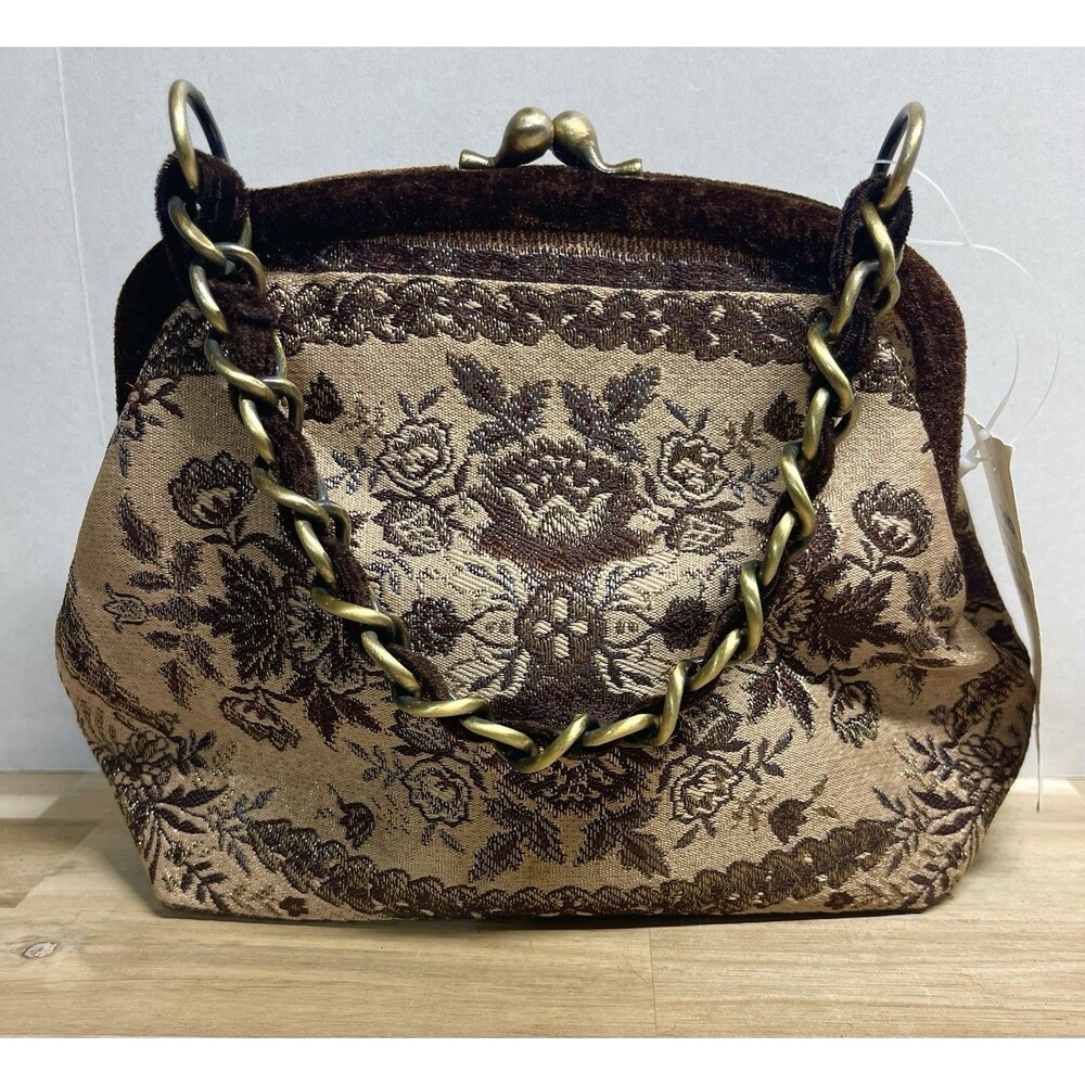 Vintage Marco Avane Floral Tapestry Evening Bag Brown Velvet Gold Kiss Lock NOS